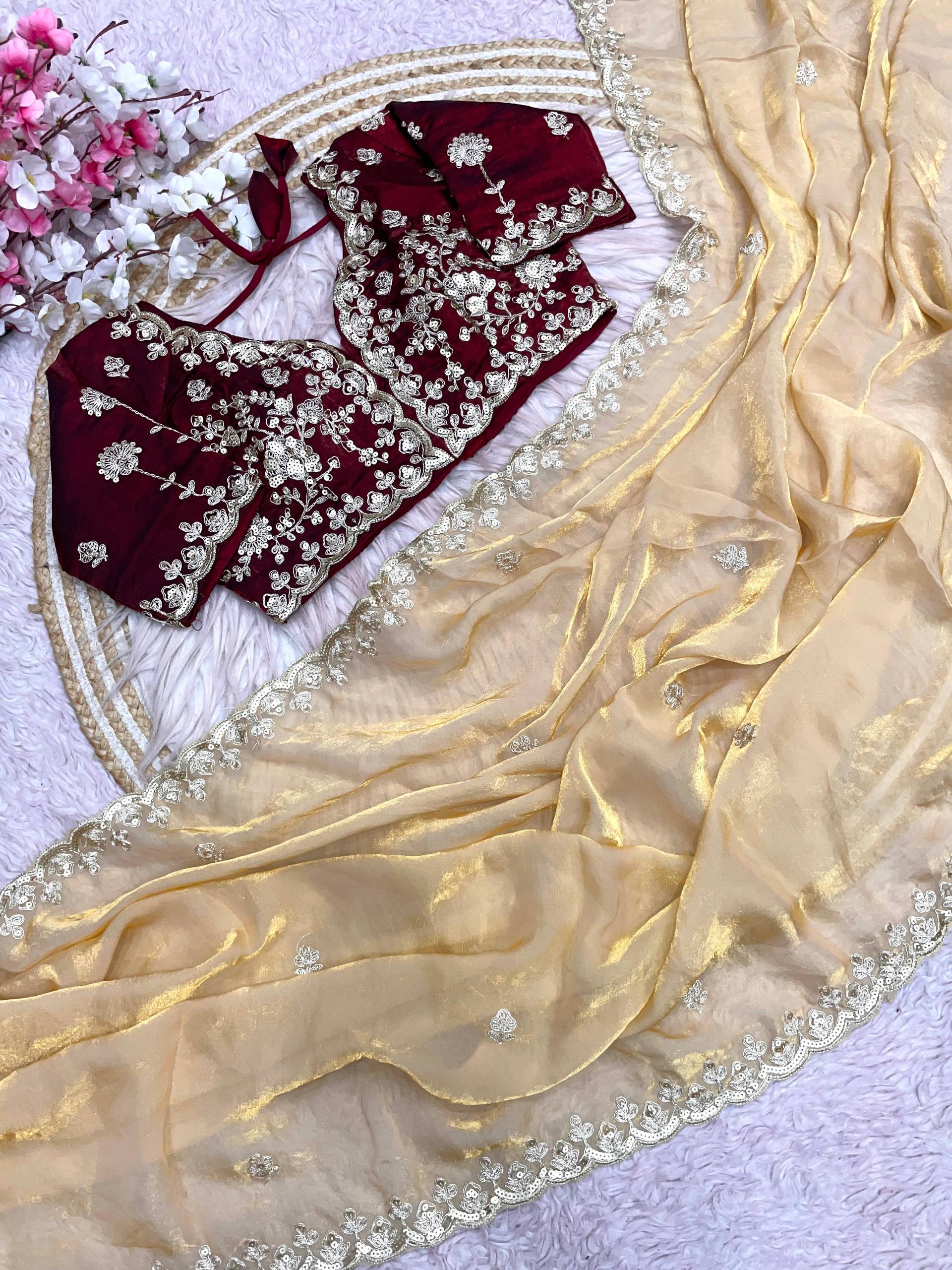 Premium Fendy Satin Silk Designer Saree with 5mm Sequins & Coding Embroidery Work | Fully Stitched Blouse