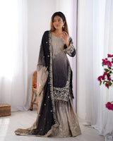Premium Chinon Silk Embroidered Kurti Plazo Set with Dupatta | Coding Dori, Sequin & Moti Work | Party & Festive Wear