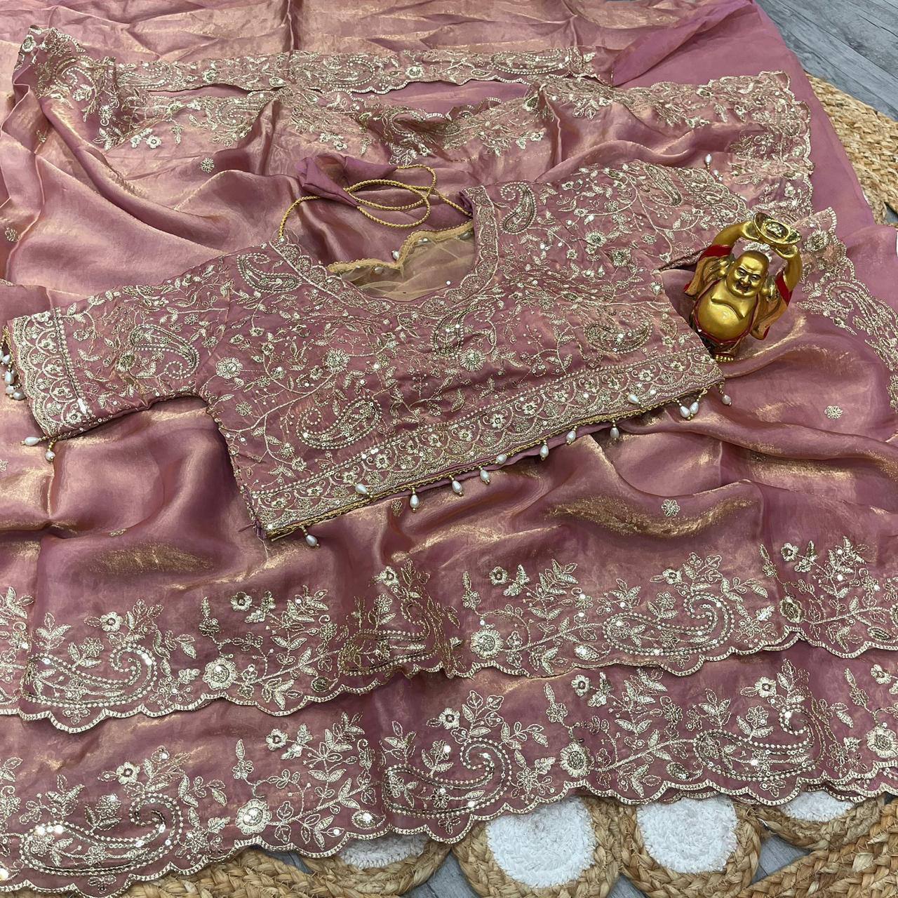 Premium Fendy Satin Designer Saree with Heavy Embroidery & 3mm Sequin Work – Luxury Ethnic Celebration Wear
