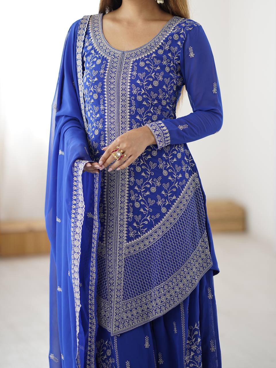 Designer Faux Georgette Embroidered Palazzo Suit Set with Sequins Work Dupatta | Ready to Wear Wedding & Festive Ethnic Wear for Women