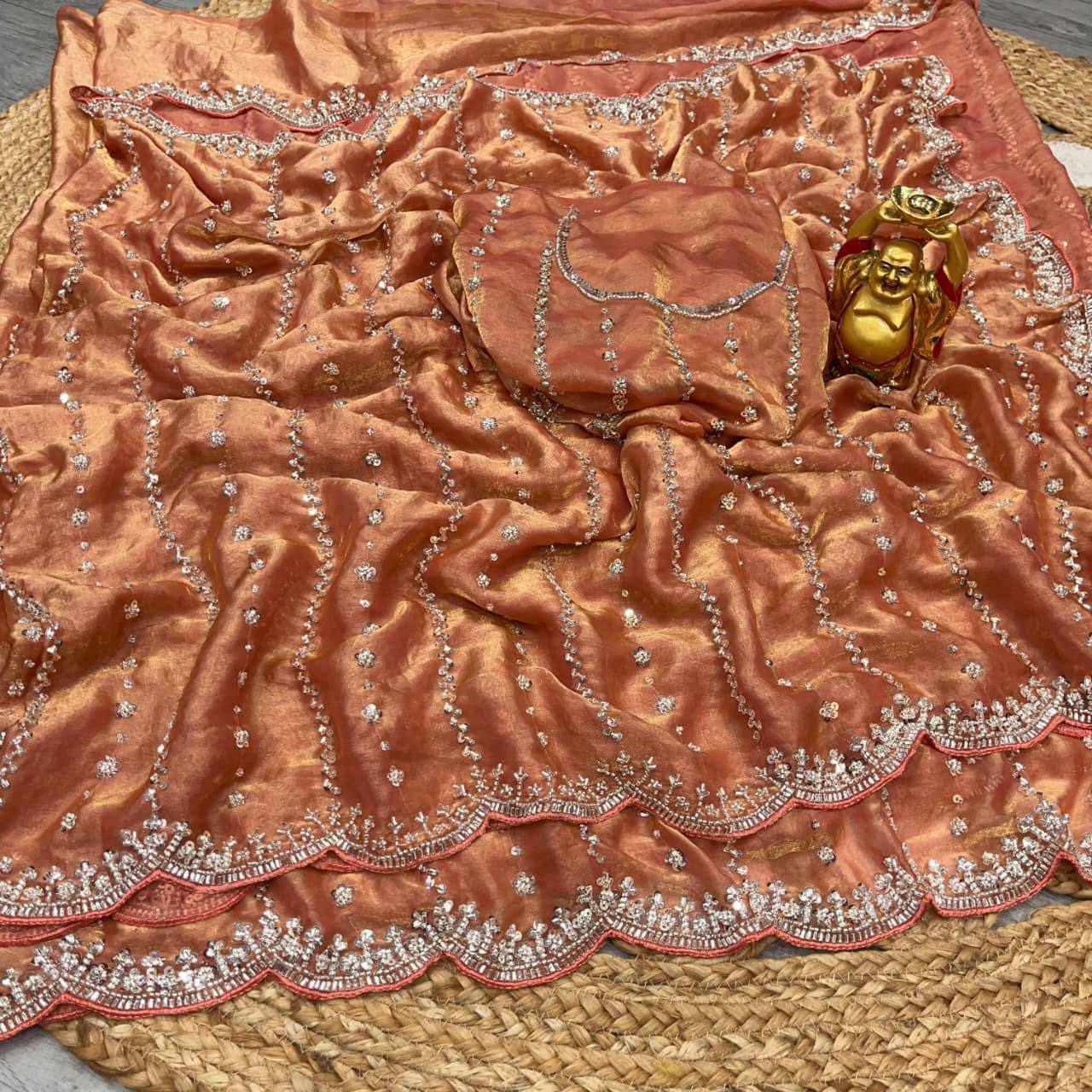 Pure Space Silk Party Wear Saree with Gold Beads, Sequins & Cutdana Handwork and Designer Work Blouse