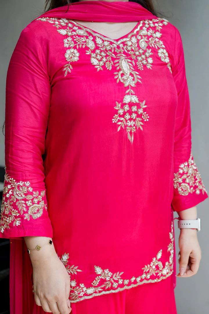 Handwork Mul Chanderi Kurta Sharara Set with Chiffon Dupatta