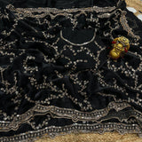Designer Space Silk Party Wear Saree with Velvet Shine & Gold Cutdana Handwork