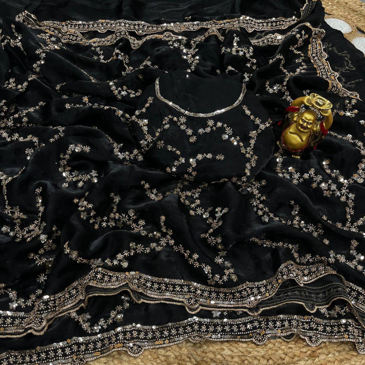 Designer Space Silk Party Wear Saree with Velvet Shine & Gold Cutdana Handwork