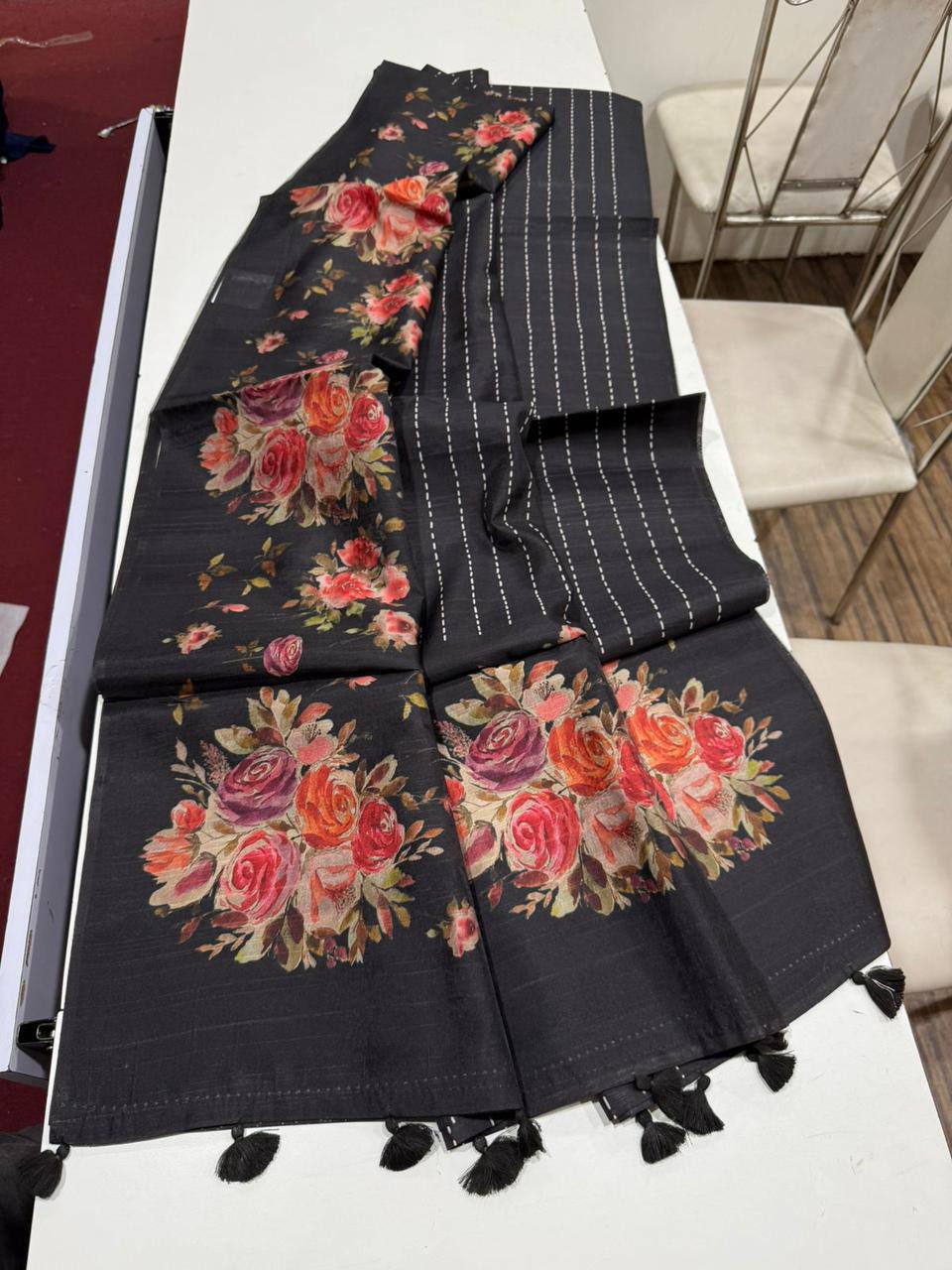Digital Floral Print Semi Desi Tussar Silk Saree with Tassel Detail and Matching Blouse