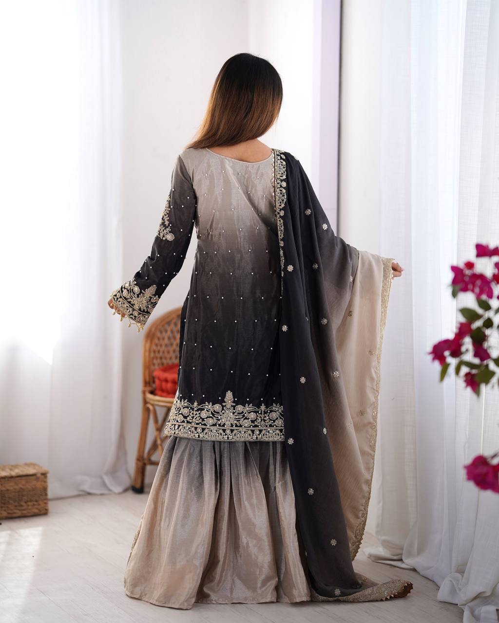 Premium Chinon Silk Embroidered Kurti Plazo Set with Dupatta | Coding Dori, Sequin & Moti Work | Party & Festive Wear