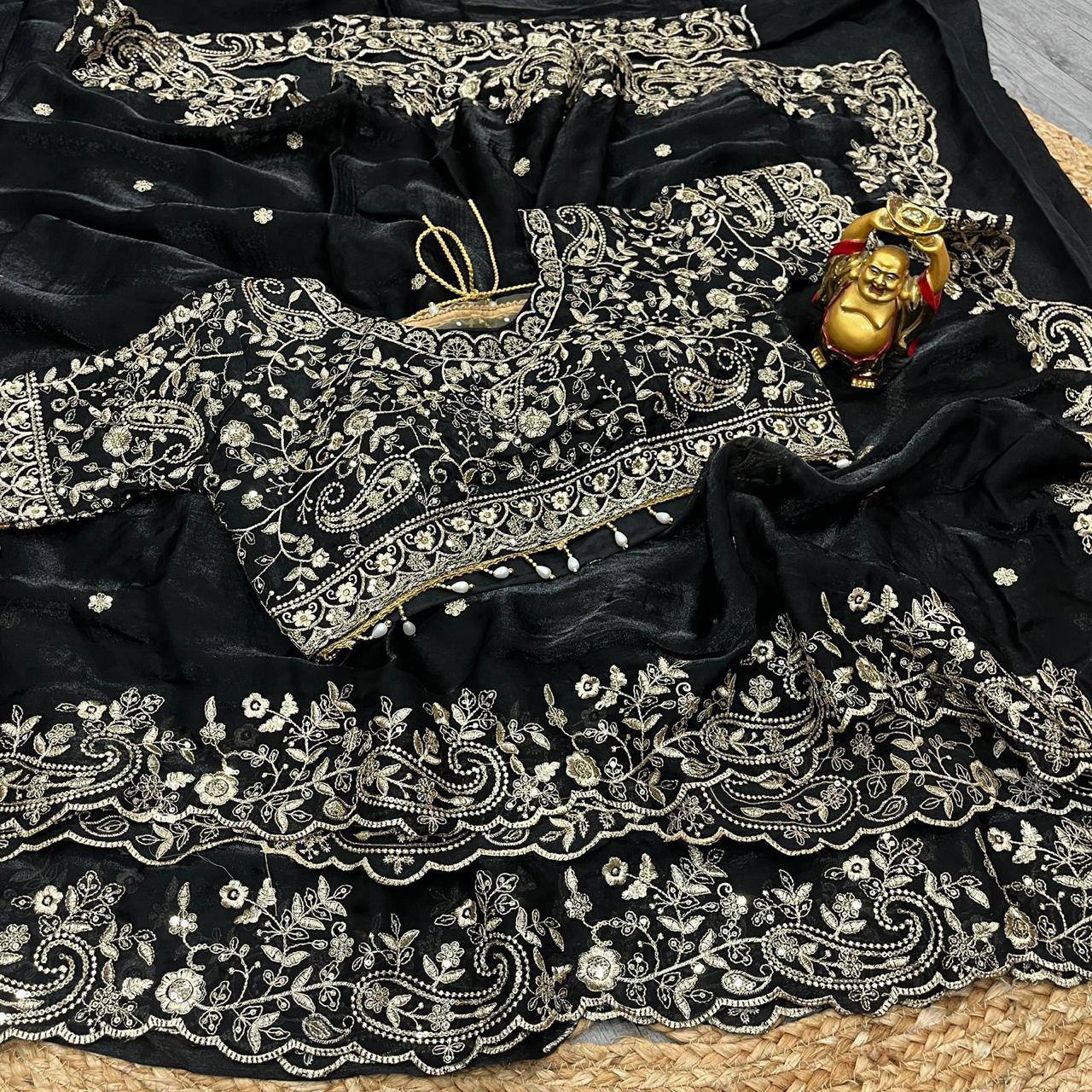 Premium Fendy Satin Designer Saree with Heavy Embroidery & 3mm Sequin Work – Luxury Ethnic Celebration Wear