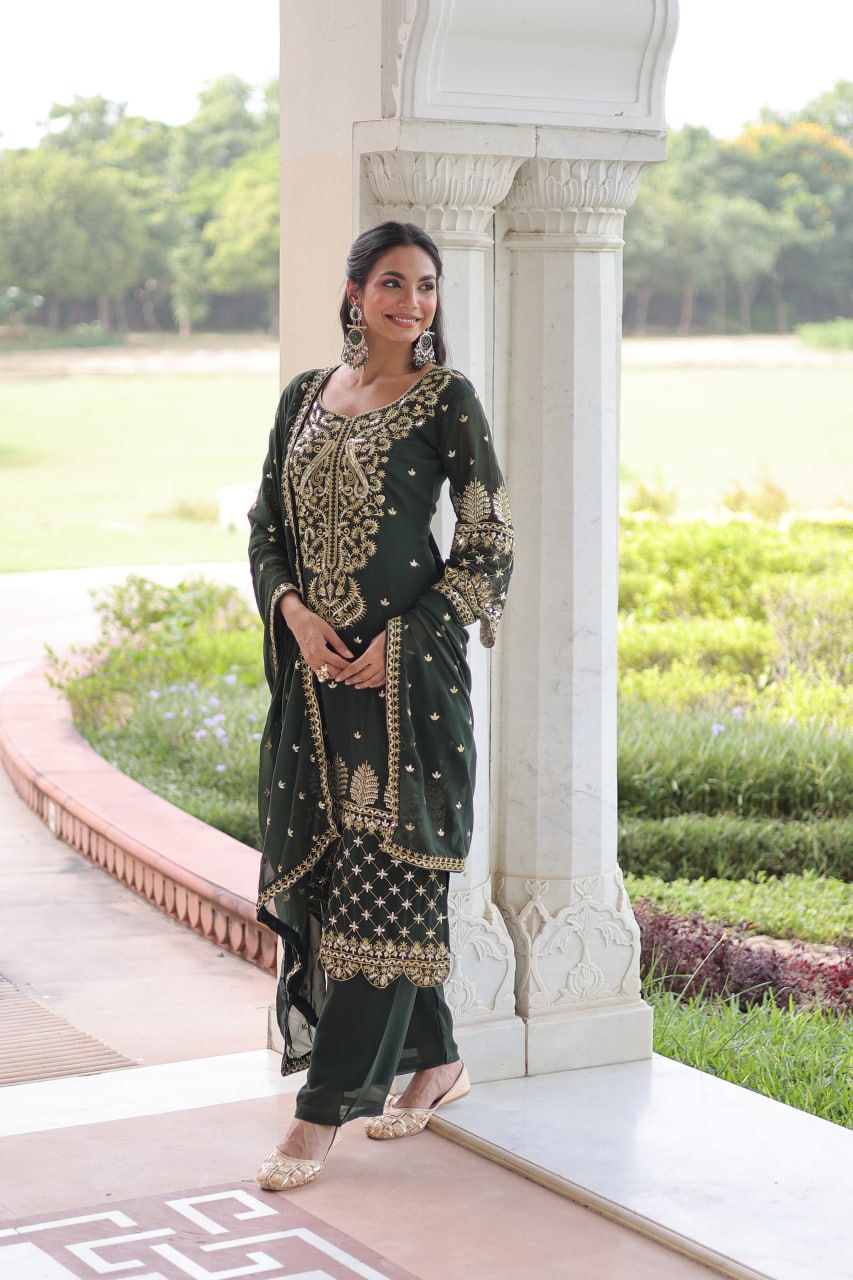 Embroidered Faux Blooming Kurti Set with Pant and Sequined Dupatta