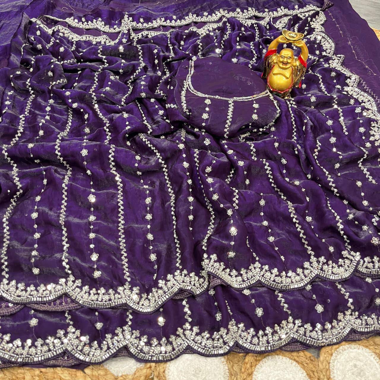 Pure Space Silk Party Wear Saree with Gold Beads, Sequins & Cutdana Handwork and Designer Work Blouse