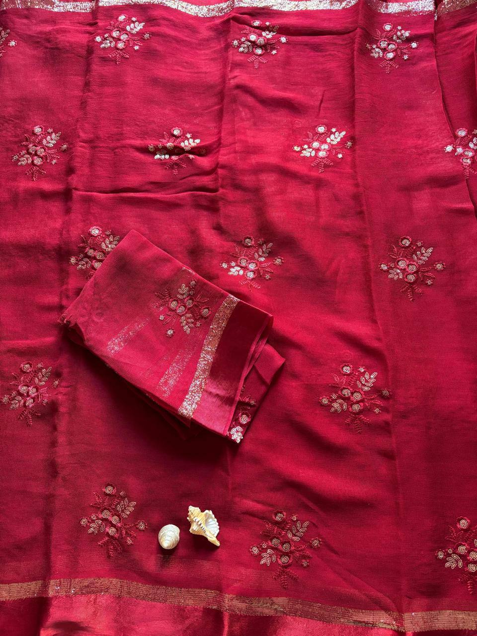 Pure Viscose Georgette Saree with Floral Embroidery Butta & Satin Border