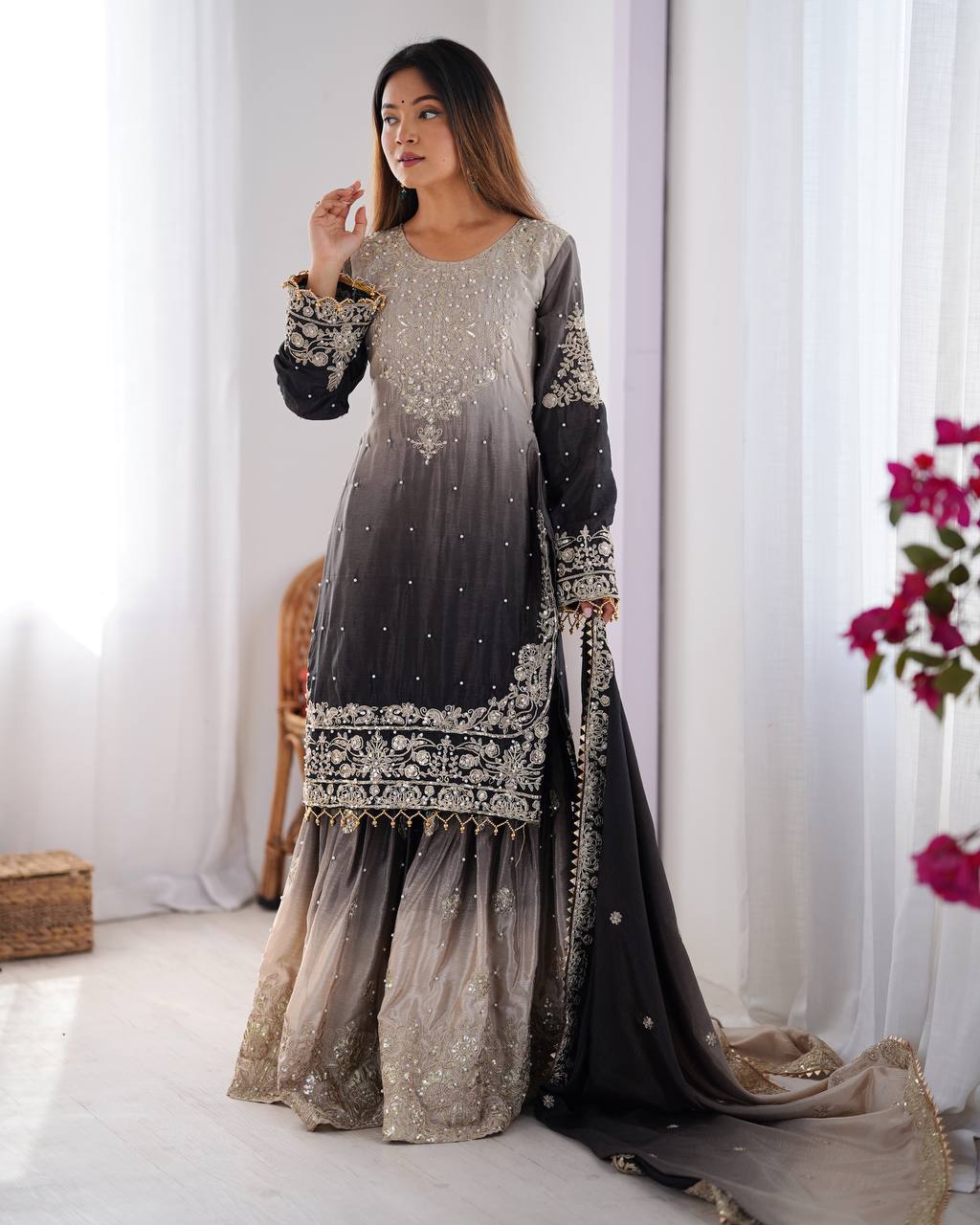 Premium Chinon Silk Embroidered Kurti Plazo Set with Dupatta | Coding Dori, Sequin & Moti Work | Party & Festive Wear