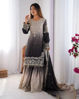 Premium Chinon Silk Embroidered Kurti Plazo Set with Dupatta | Coding Dori, Sequin & Moti Work | Party & Festive Wear