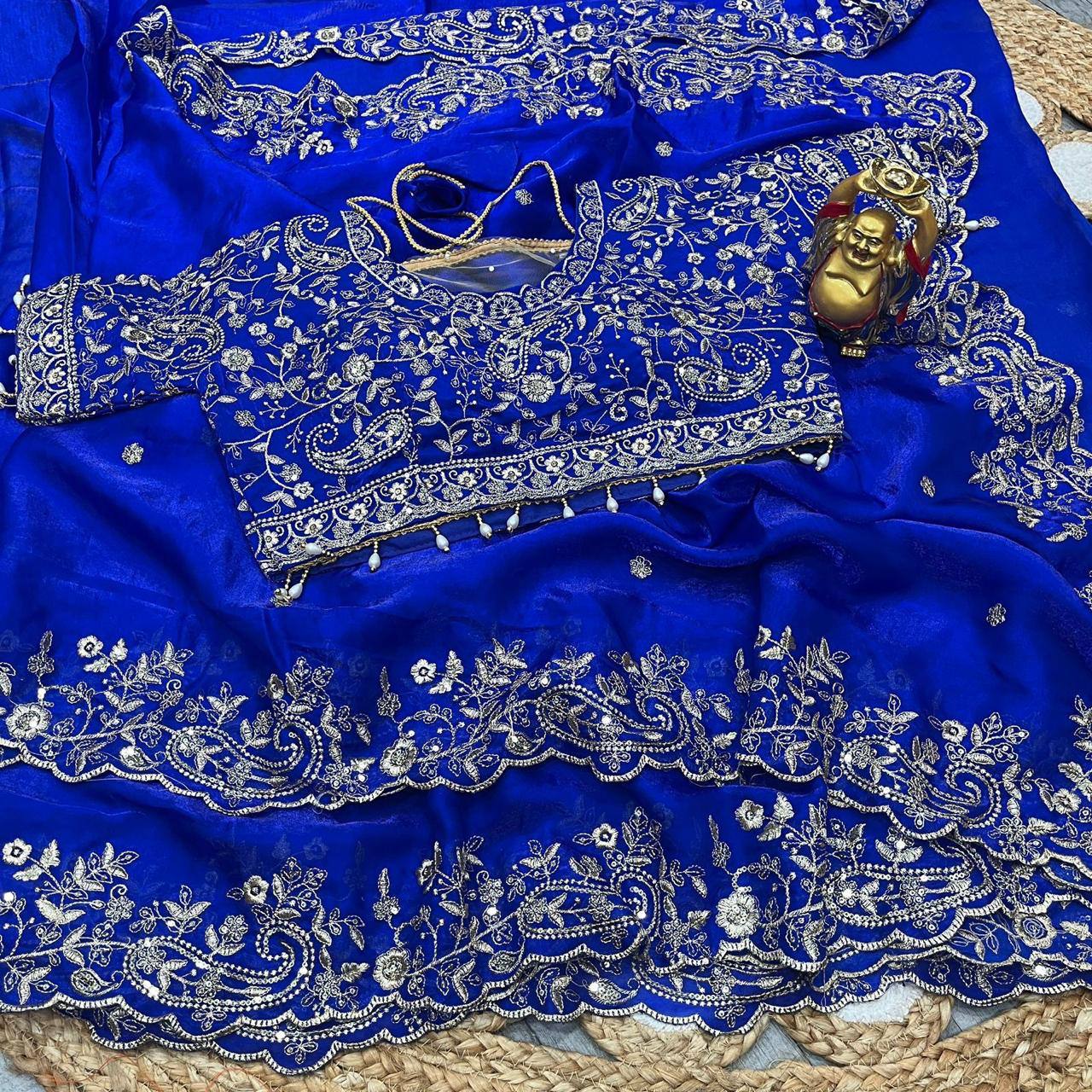 Premium Fendy Satin Designer Saree with Heavy Embroidery & 3mm Sequin Work – Luxury Ethnic Celebration Wear