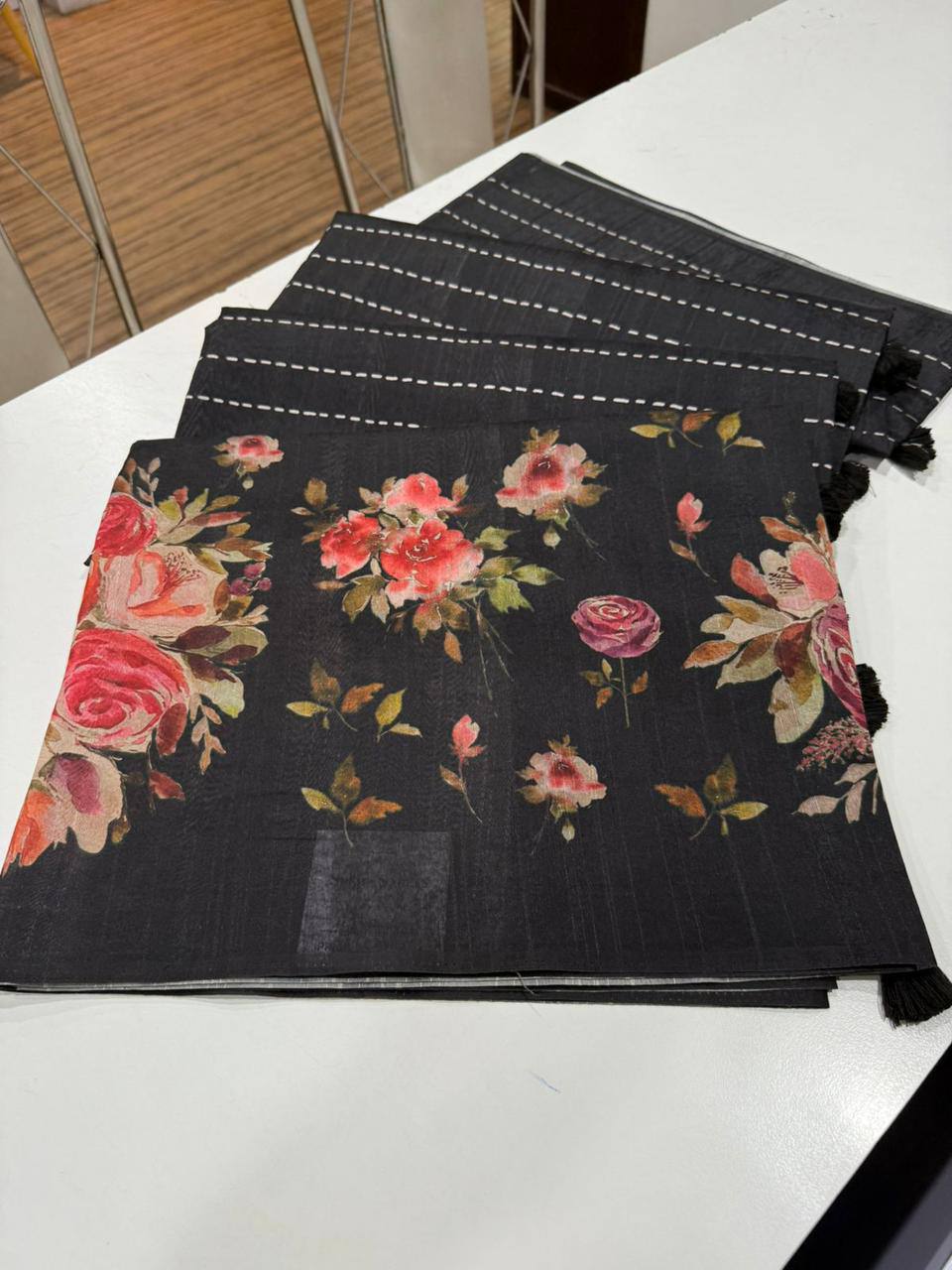 Digital Floral Print Semi Desi Tussar Silk Saree with Tassel Detail and Matching Blouse