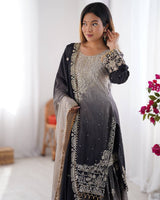 Premium Chinon Silk Embroidered Kurti Plazo Set with Dupatta | Coding Dori, Sequin & Moti Work | Party & Festive Wear
