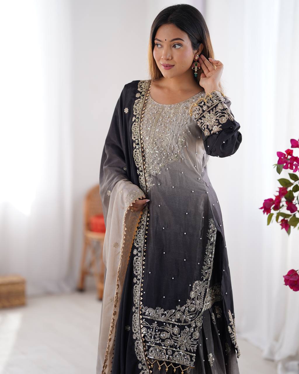Premium Chinon Silk Embroidered Kurti Plazo Set with Dupatta | Coding Dori, Sequin & Moti Work | Party & Festive Wear