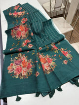 Digital Floral Print Semi Desi Tussar Silk Saree with Tassel Detail and Matching Blouse