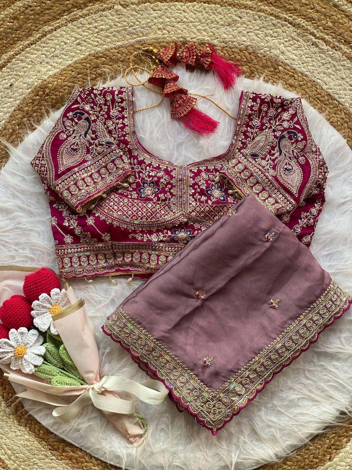 Premium Rangoli Silk Saree with Thread Sequins Jari Work & Designer Blouse