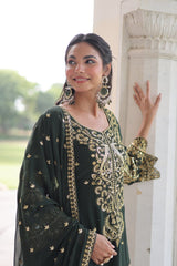 Embroidered Faux Blooming Kurti Set with Pant and Sequined Dupatta