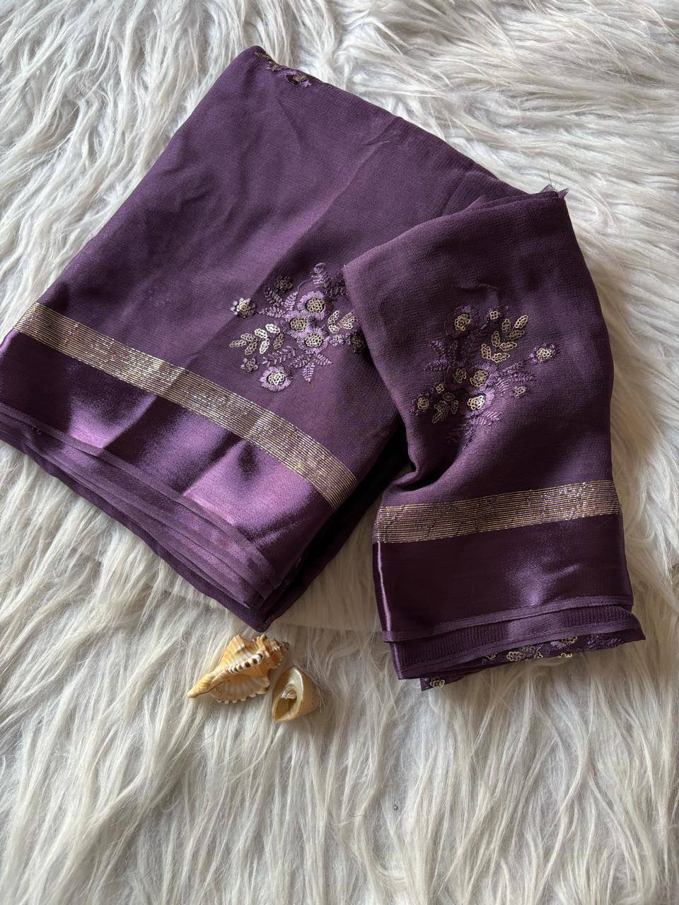 Pure Viscose Georgette Saree with Floral Embroidery Butta & Satin Border