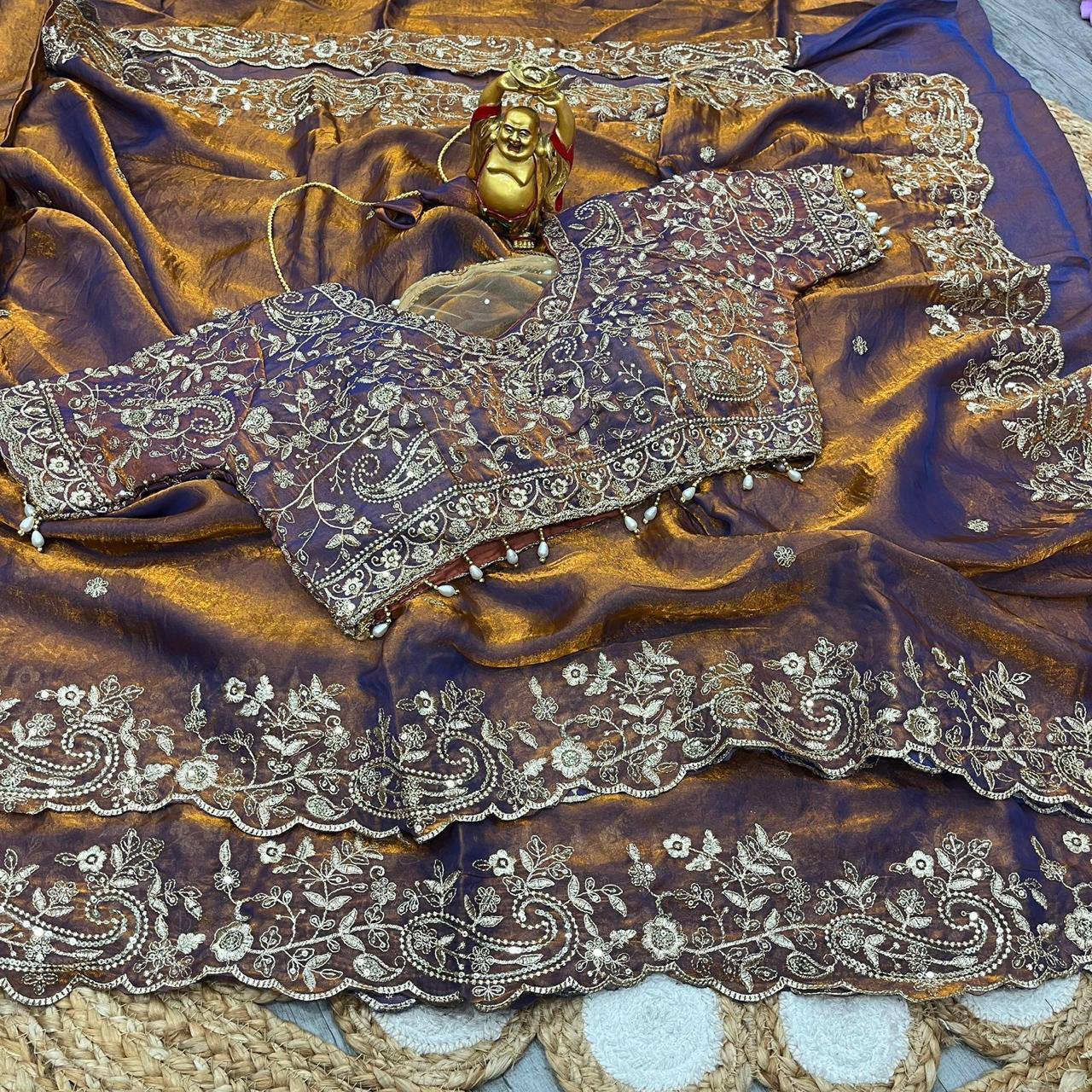Premium Fendy Satin Designer Saree with Heavy Embroidery & 3mm Sequin Work – Luxury Ethnic Celebration Wear