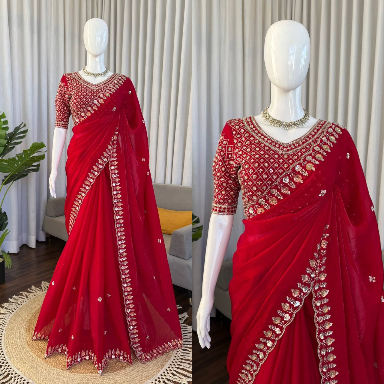 Designer Fendy Silk Festive Saree - Heavy Hand-Finished Beadwork & Sequin Embroidery with Unstitched Blouse