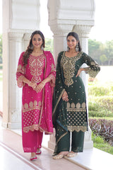 Embroidered Faux Blooming Kurti Set with Pant and Sequined Dupatta