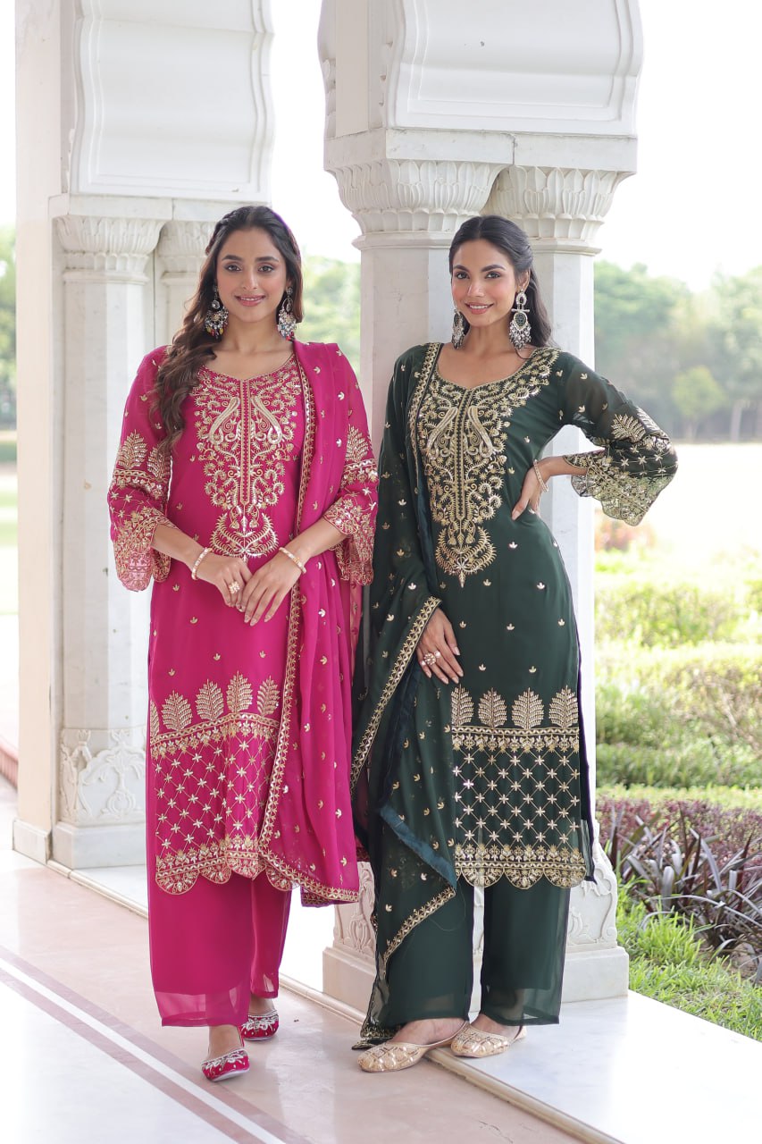 Embroidered Faux Blooming Kurti Set with Pant and Sequined Dupatta