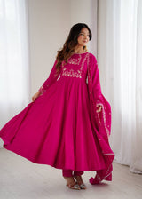 Premium Roman Chanderi Silk Anarkali Gown Set with Handcrafted Beads & Embroidery Work