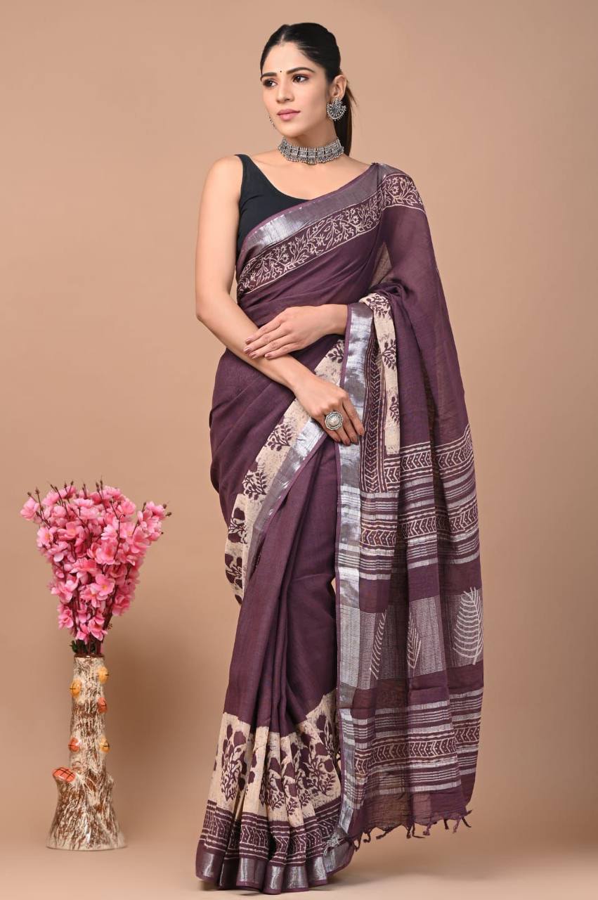 Premium Linen Saree with Digital Printed Pallu and Silver Zari Weaving Border