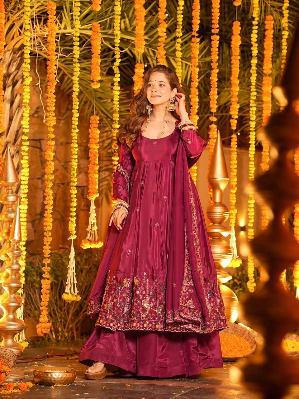Designer Festive Wear Silk Anarkali Kurta Set with Plazo & Embroidered Dupatta