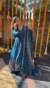 Designer Festive Wear Silk Anarkali Kurta Set with Plazo & Embroidered Dupatta