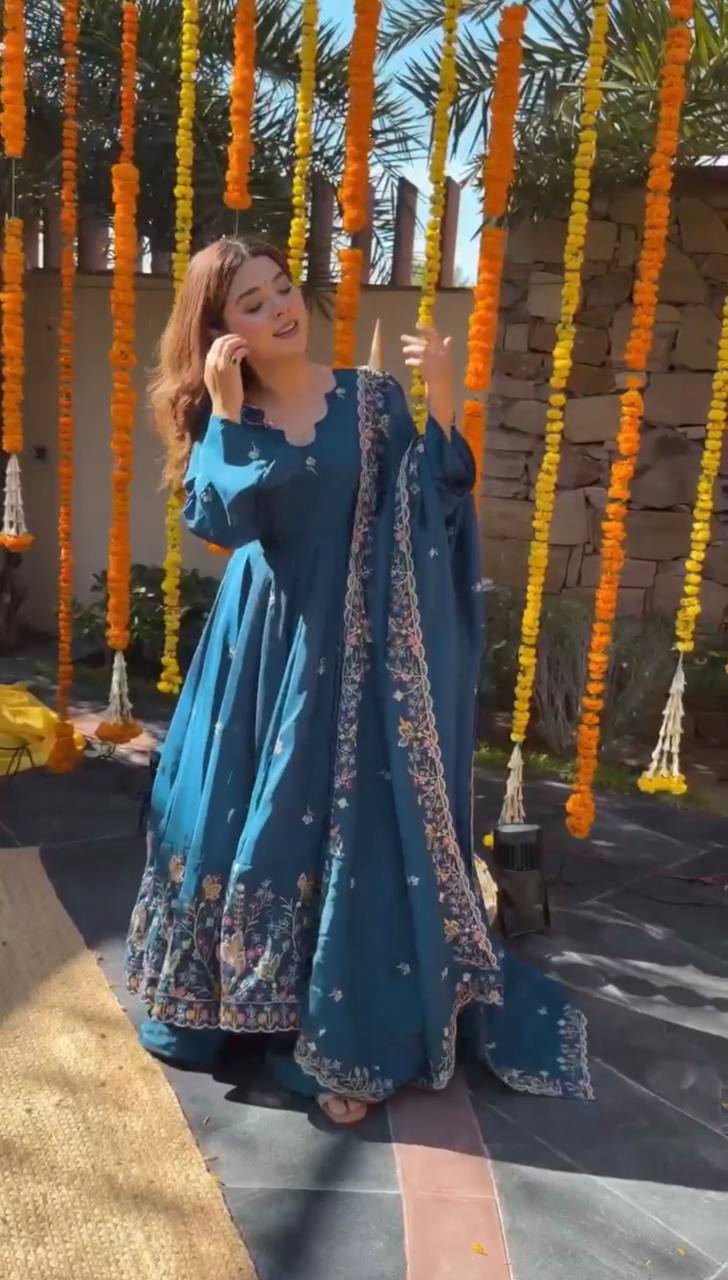 Designer Festive Wear Silk Anarkali Kurta Set with Plazo & Embroidered Dupatta