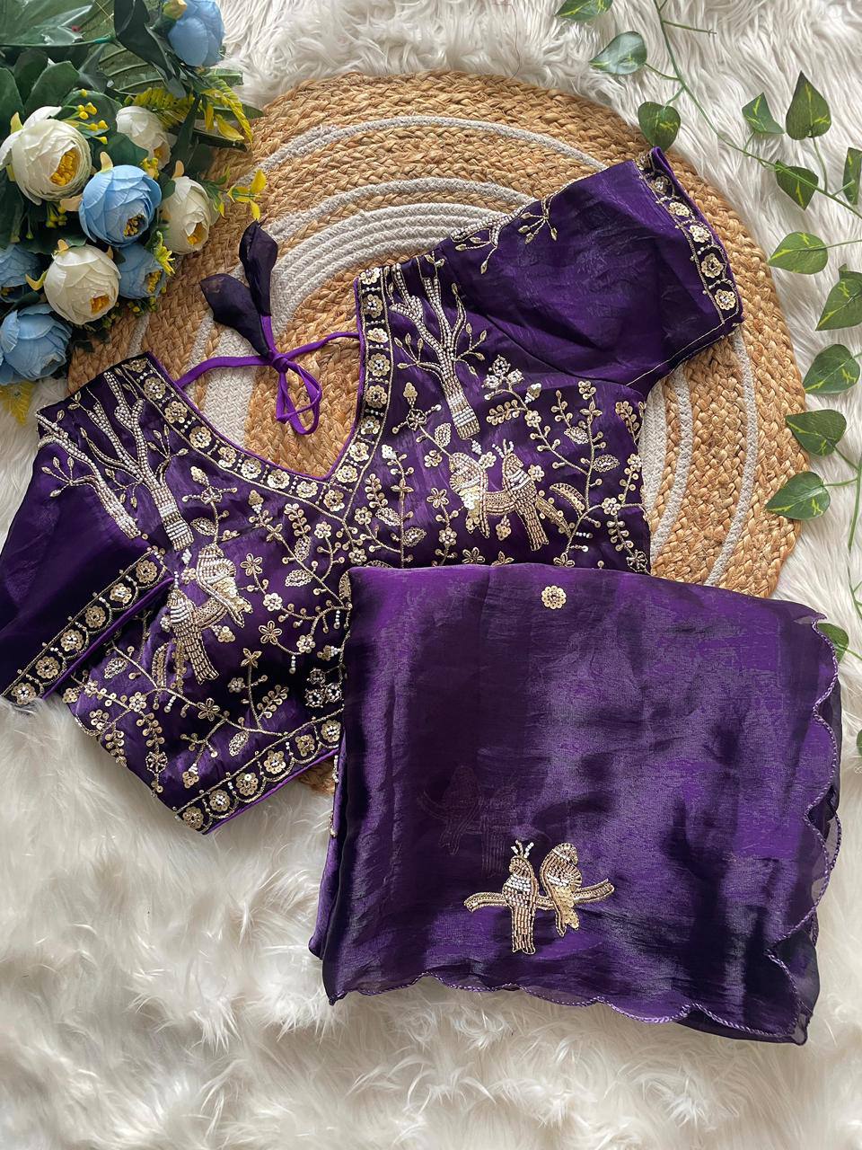 Handcrafted Khatli Work Satin Saree with Designer Stitched Blouse and Scalloped Border