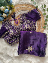 Handcrafted Khatli Work Satin Saree with Designer Stitched Blouse and Scalloped Border