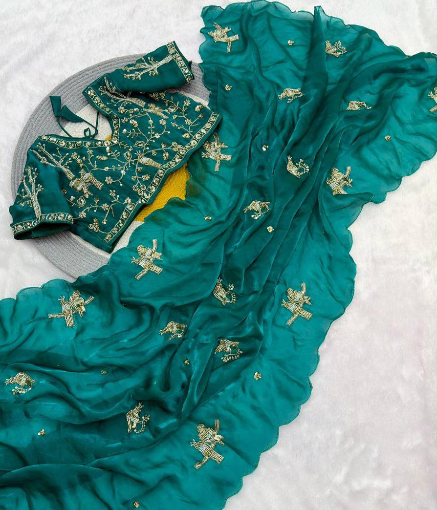 Handcrafted Khatli Work Satin Saree with Designer Stitched Blouse and Scalloped Border