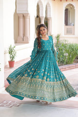 Wedding Wear Silver Crunchy Sequins Embroidered Anarkali Gown with Designer Lace Dupatta