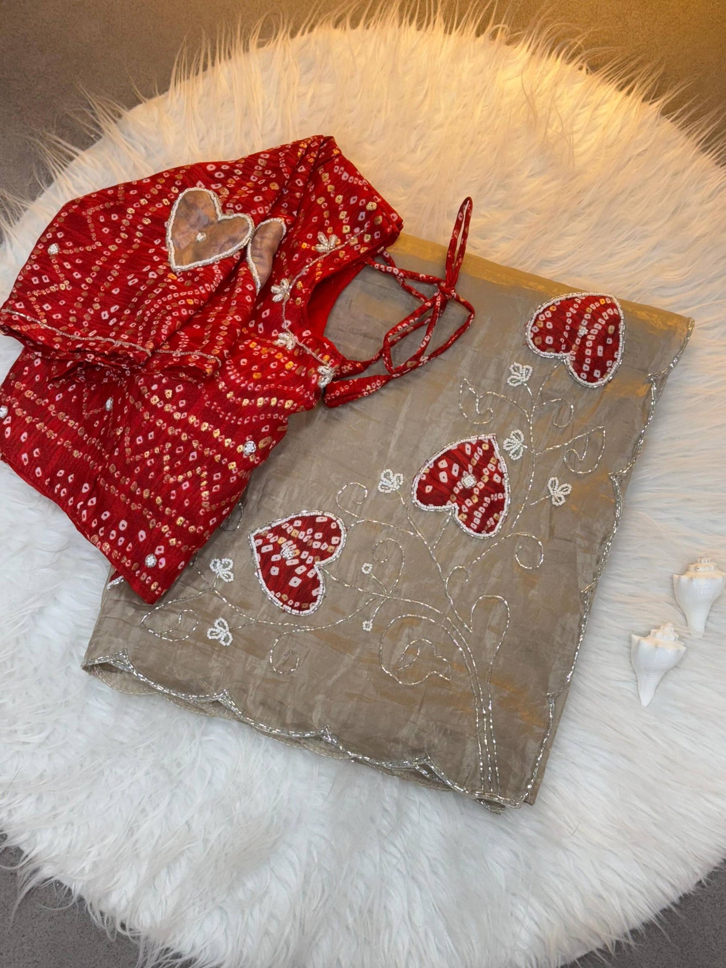 Two-Tone Gold Crush Silk Saree with Bandhej Handwork Cutdana Butta and Foil Print Stitched Blouse