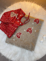 Two-Tone Gold Crush Silk Saree with Bandhej Handwork Cutdana Butta and Foil Print Stitched Blouse