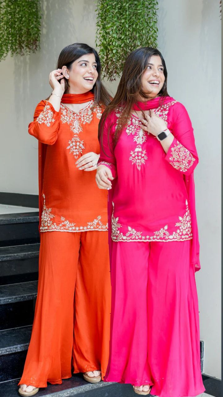 Handwork Mul Chanderi Kurta Sharara Set with Chiffon Dupatta