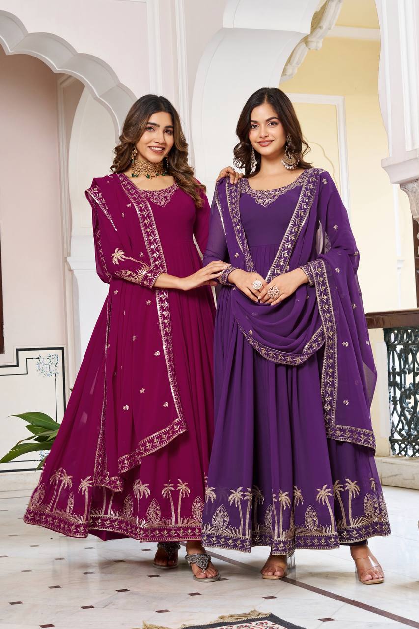 Faux Georgette Embroidered Gown Set with Sequence Work & Matching Pant