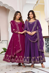 Faux Georgette Embroidered Gown Set with Sequence Work & Matching Pant