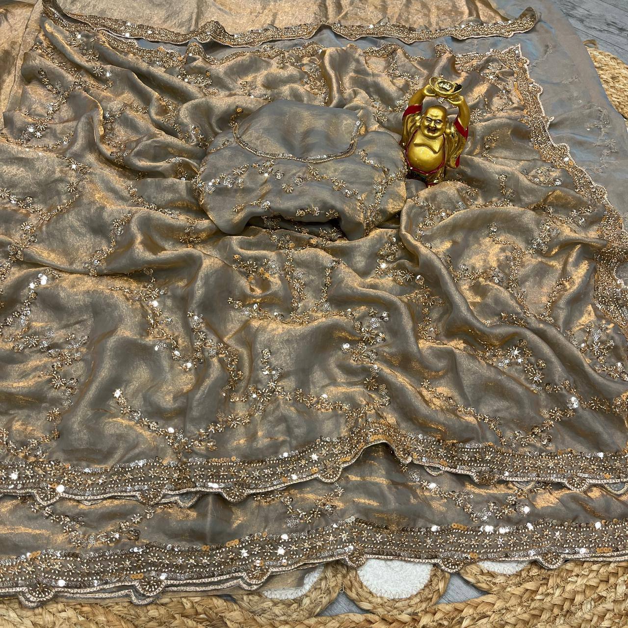 Designer Space Silk Party Wear Saree with Velvet Shine & Gold Cutdana Handwork