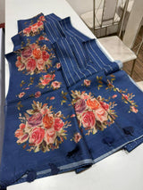 Digital Floral Print Semi Desi Tussar Silk Saree with Tassel Detail and Matching Blouse