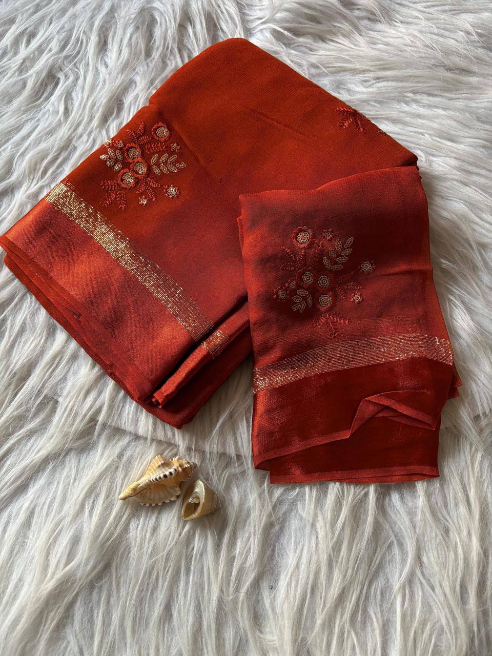 Pure Viscose Georgette Saree with Floral Embroidery Butta & Satin Border