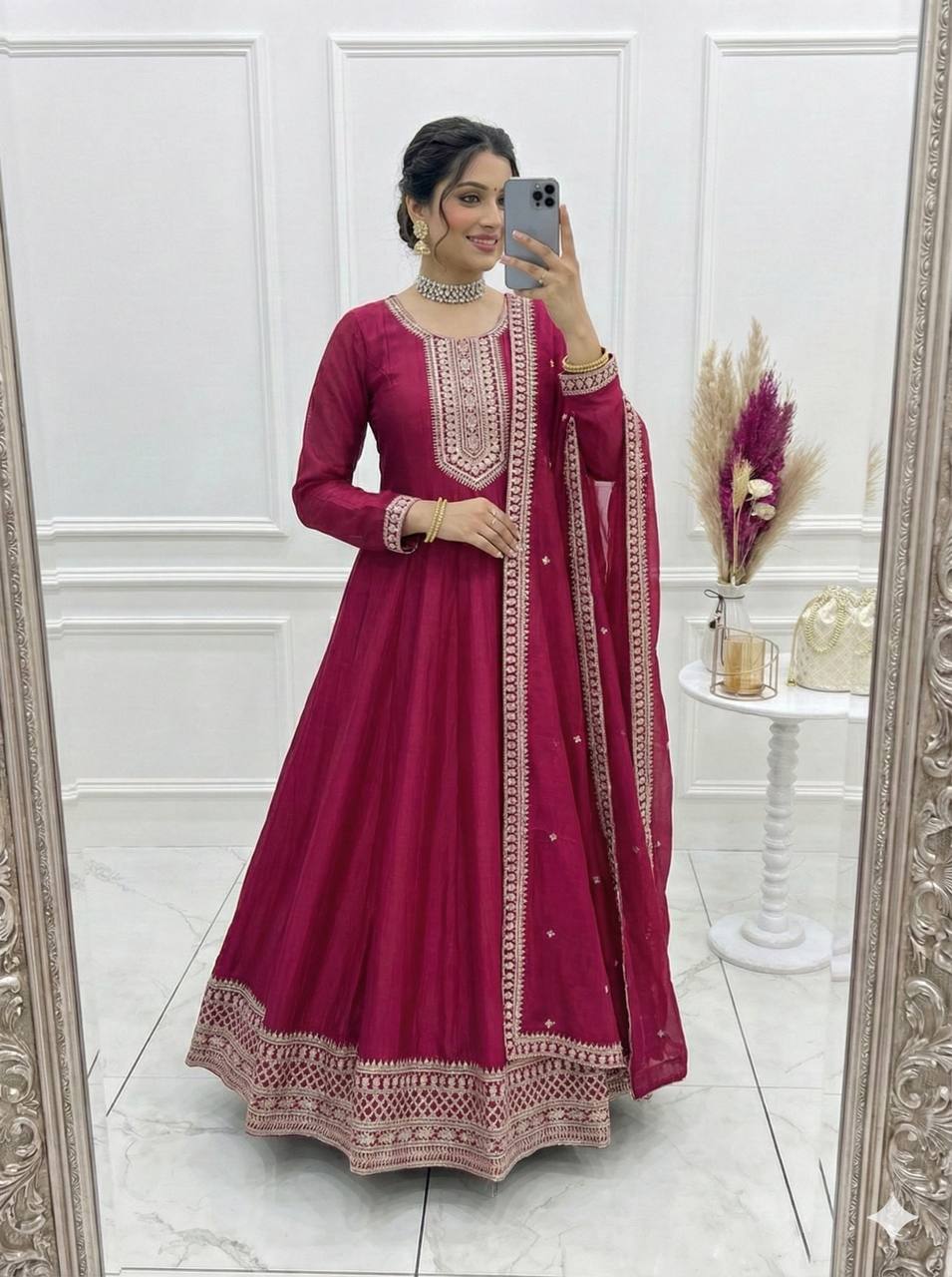 Vichitra Silk Anarkali, Designer Anarkali Suit, Full Flare Gown, Sequence Work Suit, Wedding Wear Gown, Ready to Wear Anarkali.
