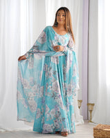 Anarkali Gown Floral Print Gown 7 Meter Flare Fox Georgette Gown Long Anarkali Dress Party Wear Gown Stitched Anarkali Floral Georgette Suit Wedding Guest Gown Full Flare Anarkali Designer Gown with Dupatta Ready to Wear Gown Ethnic Floral Dress