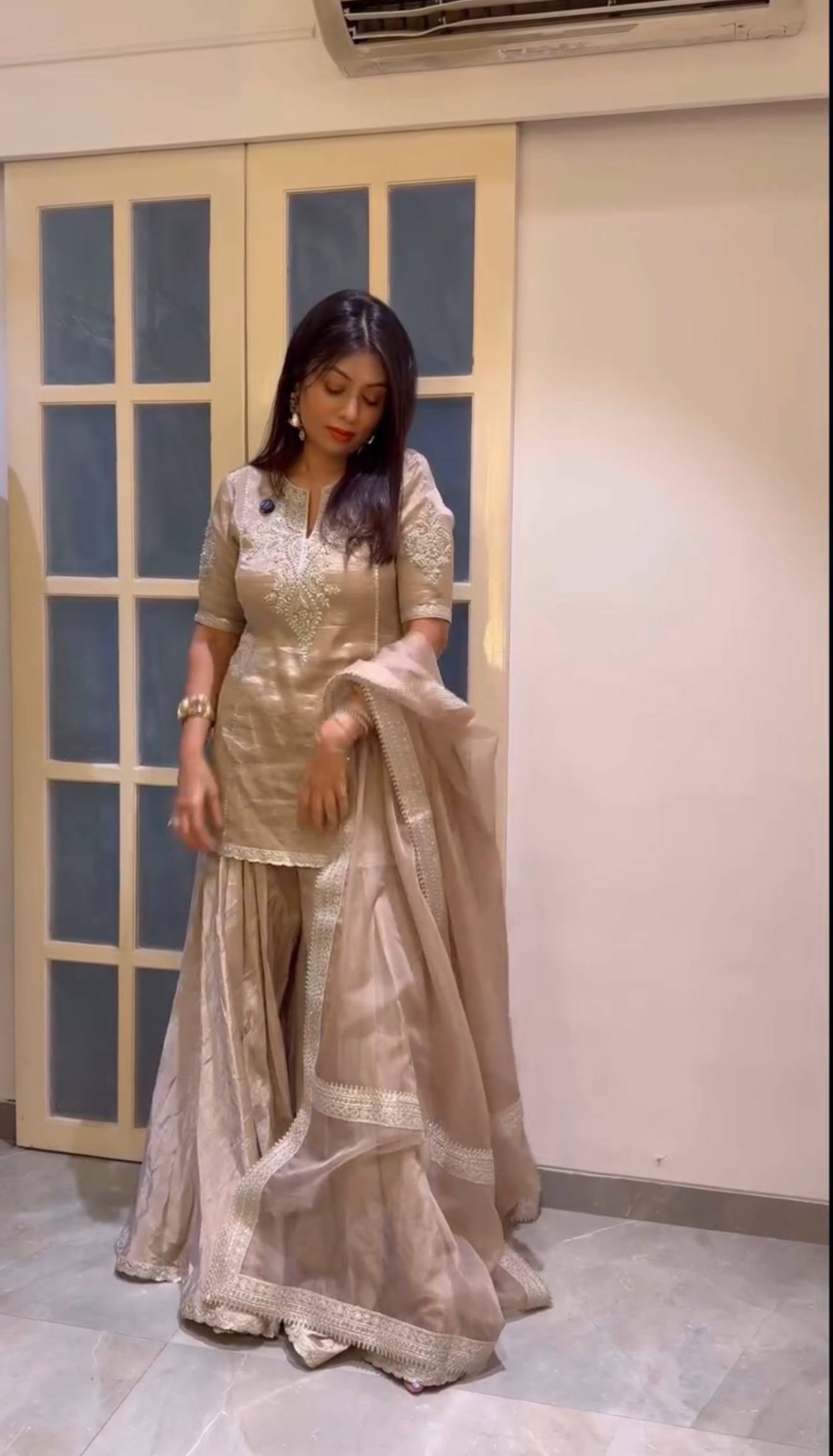 Crunchy Tissue Cording Embroidery Sharara Suit with Sequence Work
