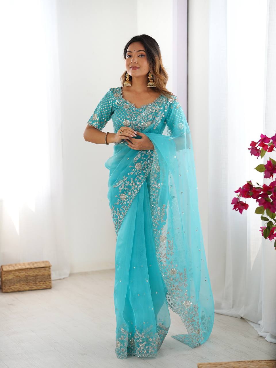 Designer Embroidered Organza Saree - Luxury Wedding Wear with Sequin Work
