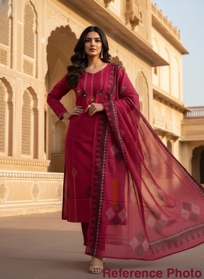 Hand Block Print Pure Cotton Kurti Set with Real Mirror Work & Mul Cotton Dupatta